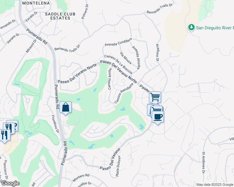 map of restaurants, bars, coffee shops, grocery stores, and more near 17633 Corte Potosi in San Diego