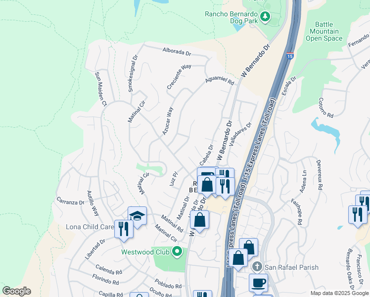 map of restaurants, bars, coffee shops, grocery stores, and more near 17707 Corazon Place in San Diego