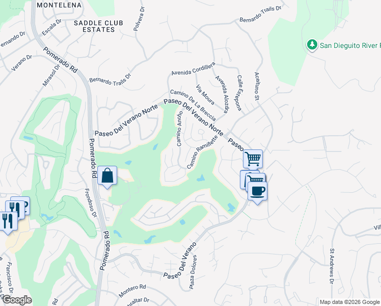 map of restaurants, bars, coffee shops, grocery stores, and more near 17633 Corte Potosi in San Diego