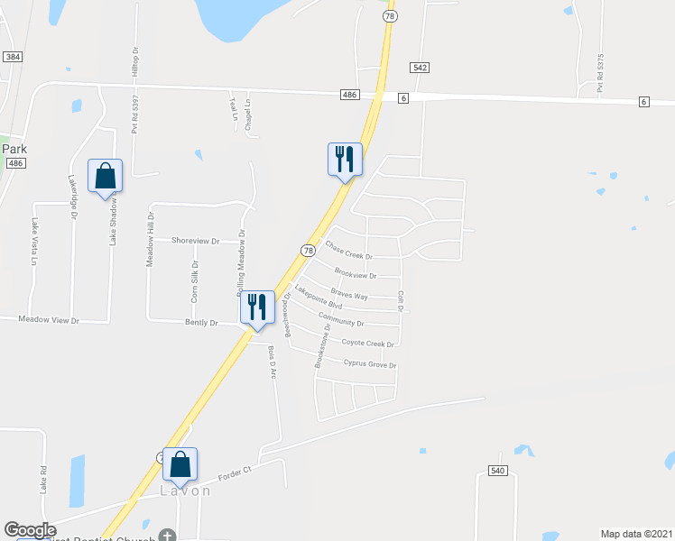 map of restaurants, bars, coffee shops, grocery stores, and more near 226 Brookview Drive in Lavon