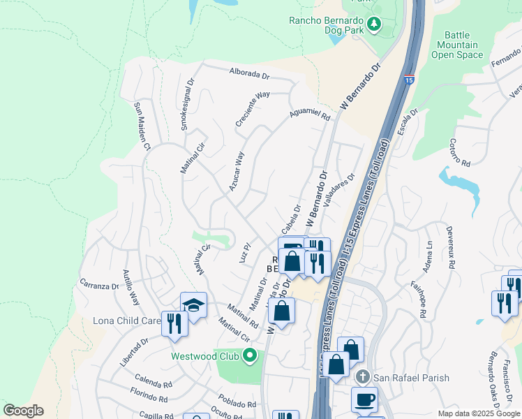 map of restaurants, bars, coffee shops, grocery stores, and more near 17707 Corazon Place in San Diego