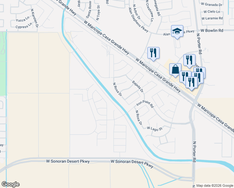 map of restaurants, bars, coffee shops, grocery stores, and more near 17316 North Rosa Drive in Maricopa