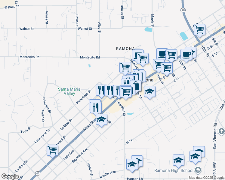map of restaurants, bars, coffee shops, grocery stores, and more near in Ramona