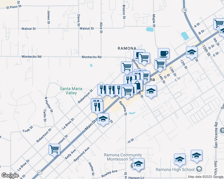 map of restaurants, bars, coffee shops, grocery stores, and more near in Ramona
