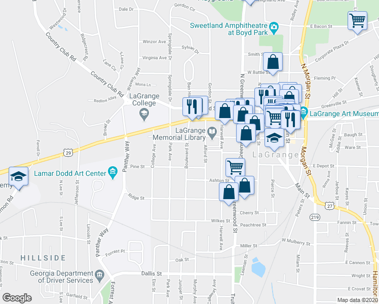 map of restaurants, bars, coffee shops, grocery stores, and more near 213 Boulevard in LaGrange