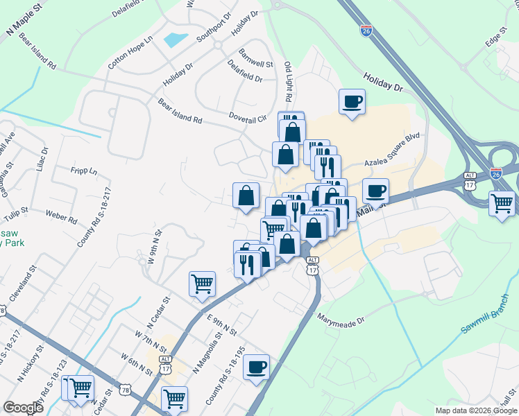 map of restaurants, bars, coffee shops, grocery stores, and more near 114 Sheep Island Road in Summerville