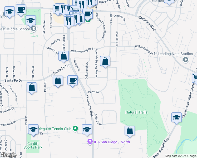 map of restaurants, bars, coffee shops, grocery stores, and more near 1509 Avenida De Las Adelsas in Encinitas