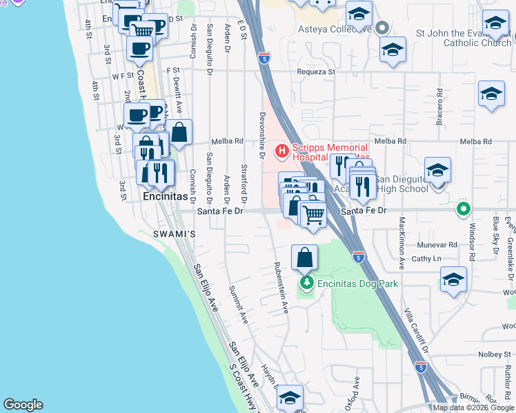 map of restaurants, bars, coffee shops, grocery stores, and more near 275 Santa Fe Drive in Encinitas