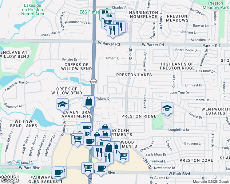 map of restaurants, bars, coffee shops, grocery stores, and more near 2705 Pyramid Drive in Plano