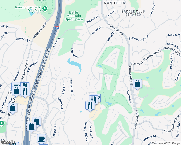 map of restaurants, bars, coffee shops, grocery stores, and more near 17882 Via Gracia in San Diego