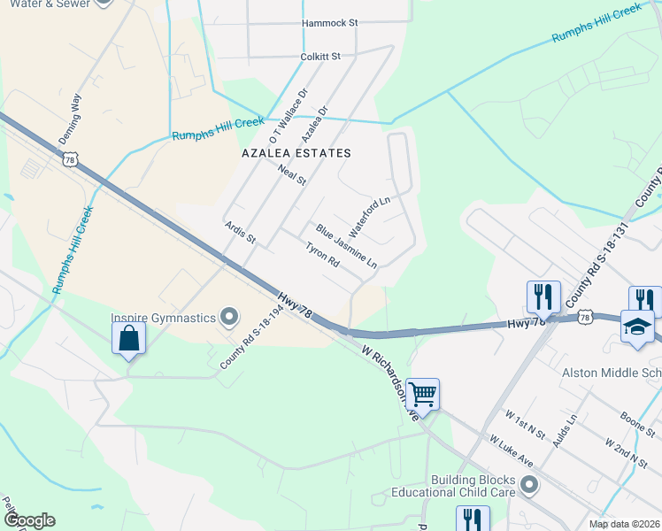 map of restaurants, bars, coffee shops, grocery stores, and more near 107 Tyron Road in Summerville