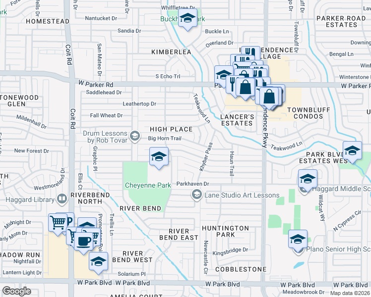 map of restaurants, bars, coffee shops, grocery stores, and more near 3528 Pinehurst Drive in Plano