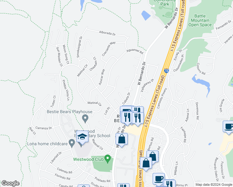 map of restaurants, bars, coffee shops, grocery stores, and more near 11449 Escoba Place in San Diego