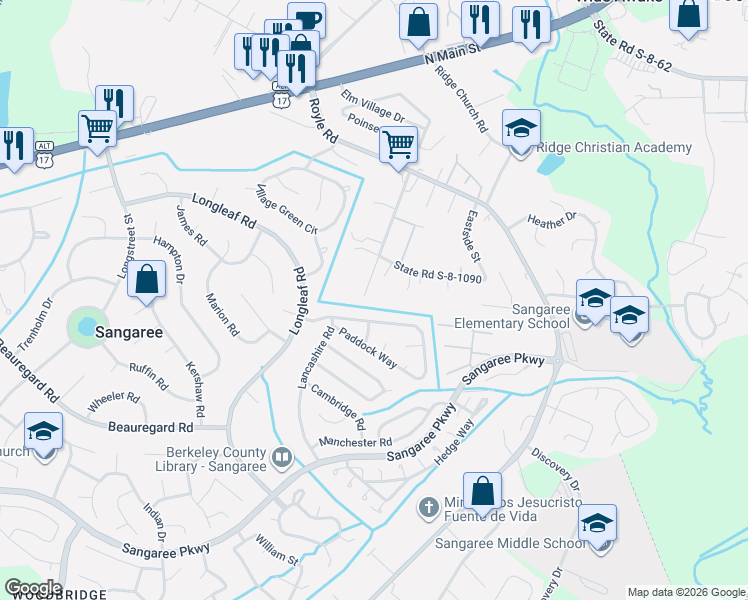 map of restaurants, bars, coffee shops, grocery stores, and more near 114 Paddock Way in Summerville