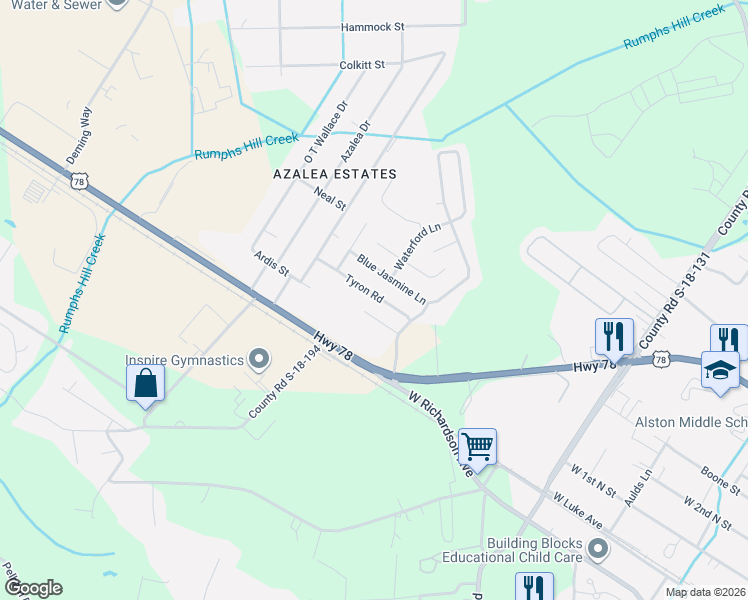 map of restaurants, bars, coffee shops, grocery stores, and more near 107 Tyron Road in Summerville