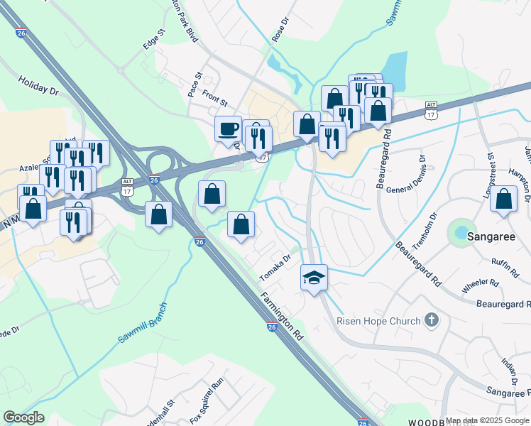 map of restaurants, bars, coffee shops, grocery stores, and more near 119 Tomaka Drive in Summerville
