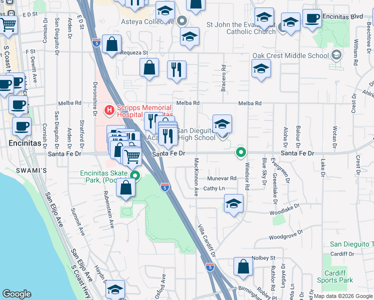 map of restaurants, bars, coffee shops, grocery stores, and more near 660 Santa Fe Drive in Encinitas