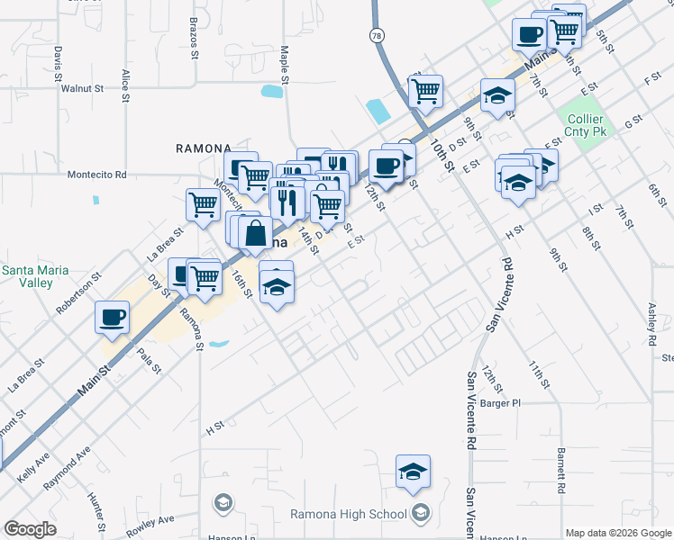 map of restaurants, bars, coffee shops, grocery stores, and more near 515 La Haina Place in Ramona