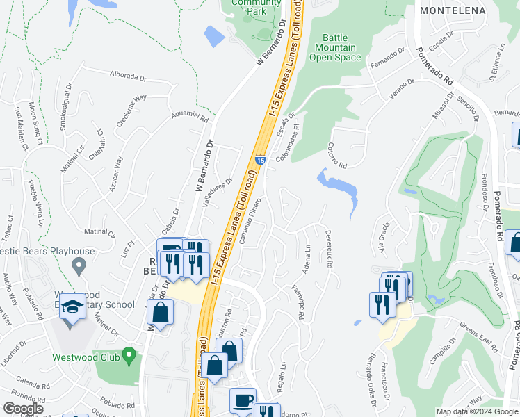 map of restaurants, bars, coffee shops, grocery stores, and more near 17965 Caminito Pinero in San Diego