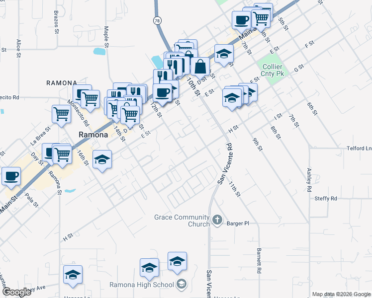 map of restaurants, bars, coffee shops, grocery stores, and more near 716 12th Street in Ramona