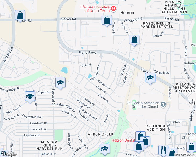 map of restaurants, bars, coffee shops, grocery stores, and more near 2324 Vaquero Lane in Carrollton