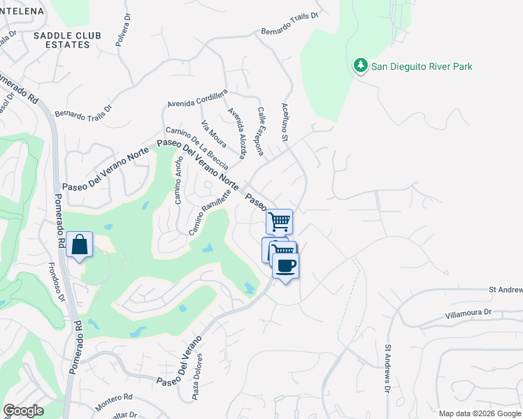 map of restaurants, bars, coffee shops, grocery stores, and more near 13016 Cedilla Place in San Diego