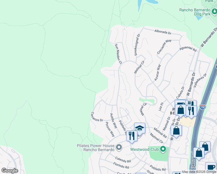 map of restaurants, bars, coffee shops, grocery stores, and more near 17851 Sun Walk Court in San Diego