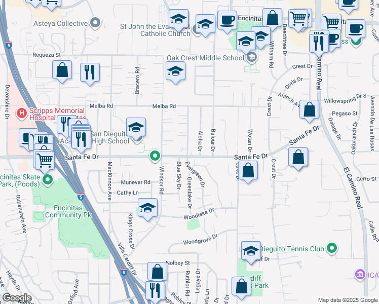map of restaurants, bars, coffee shops, grocery stores, and more near 1229 Caminito Septimo in Encinitas