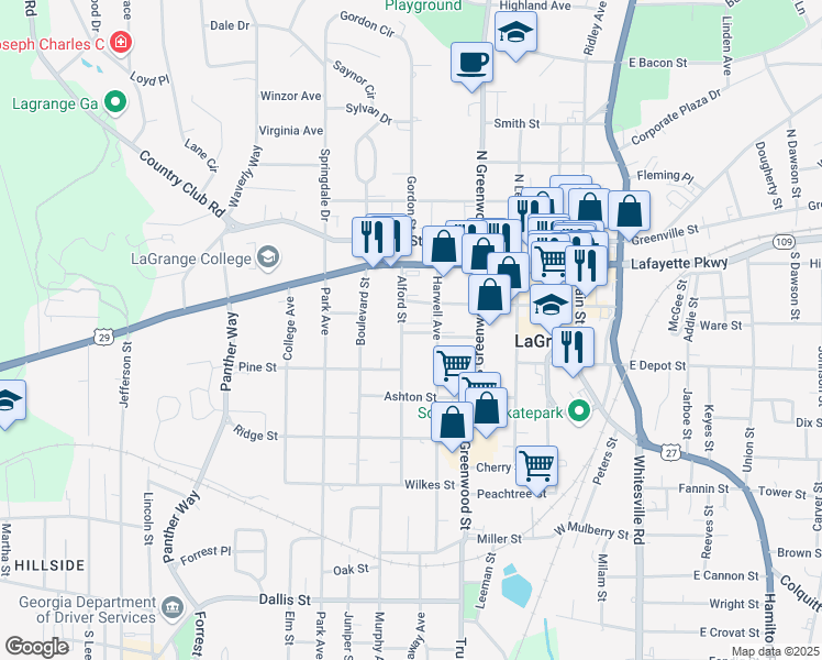 map of restaurants, bars, coffee shops, grocery stores, and more near 305 Alford Street in LaGrange