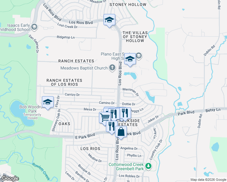 map of restaurants, bars, coffee shops, grocery stores, and more near 4125 Carrizo Drive in Plano