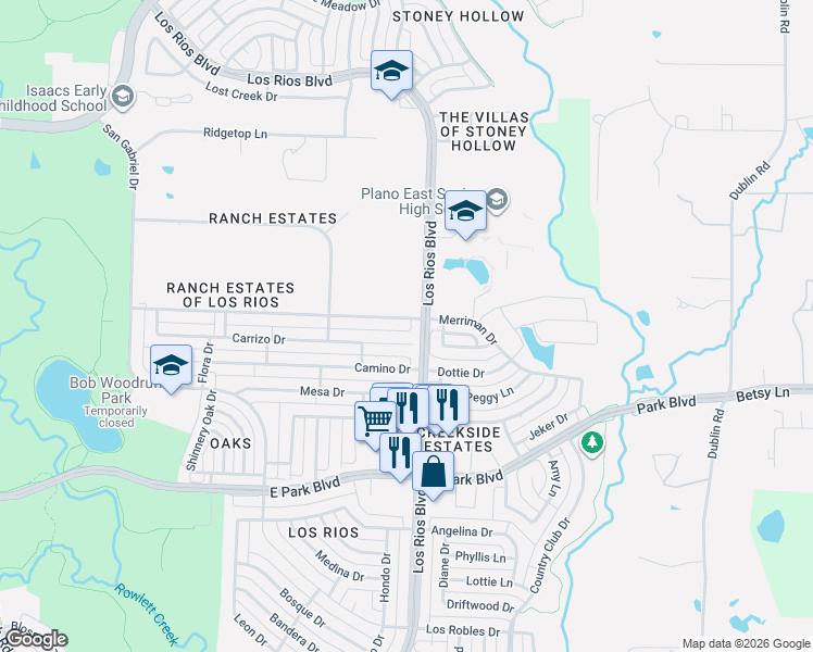 map of restaurants, bars, coffee shops, grocery stores, and more near 4125 Carrizo Drive in Plano