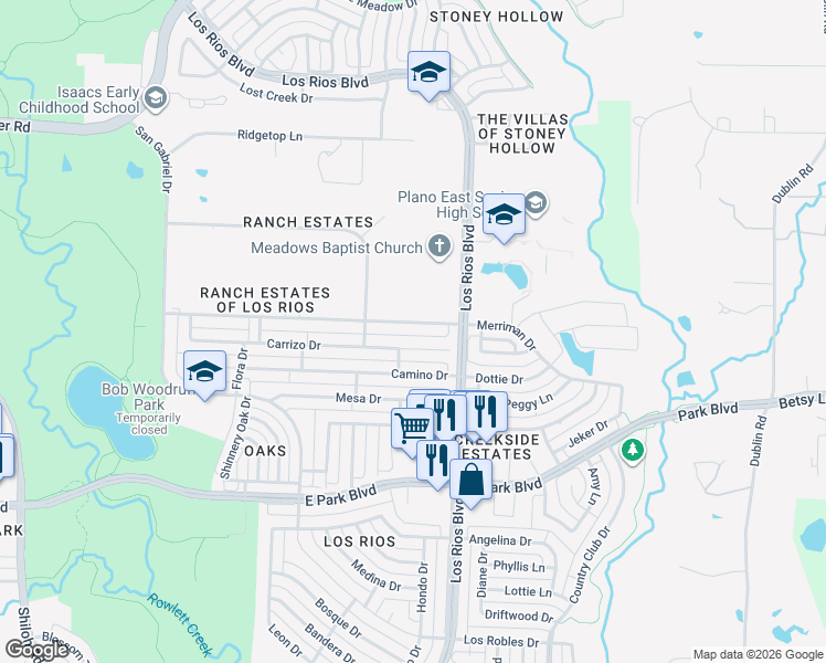 map of restaurants, bars, coffee shops, grocery stores, and more near 4104 Carrizo Drive in Plano