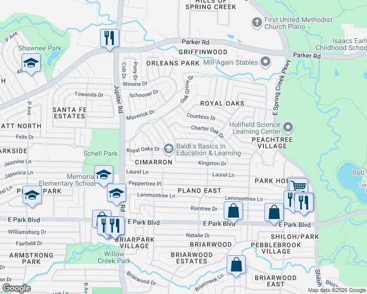 map of restaurants, bars, coffee shops, grocery stores, and more near 2612 Royal Oaks Drive in Plano