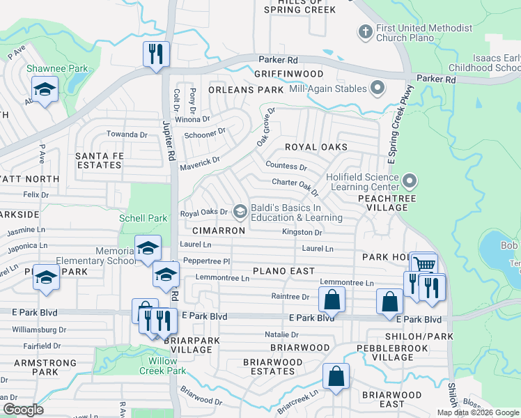 map of restaurants, bars, coffee shops, grocery stores, and more near 2612 Royal Oaks Drive in Plano