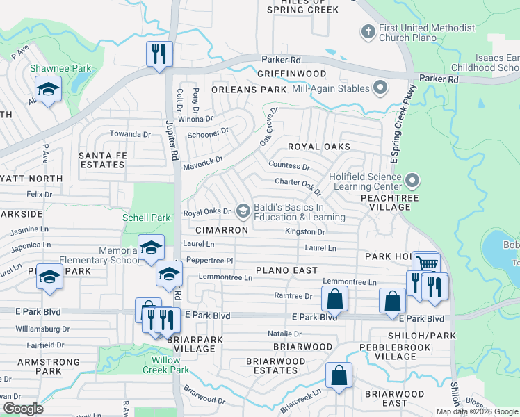 map of restaurants, bars, coffee shops, grocery stores, and more near 2612 Royal Oaks Drive in Plano