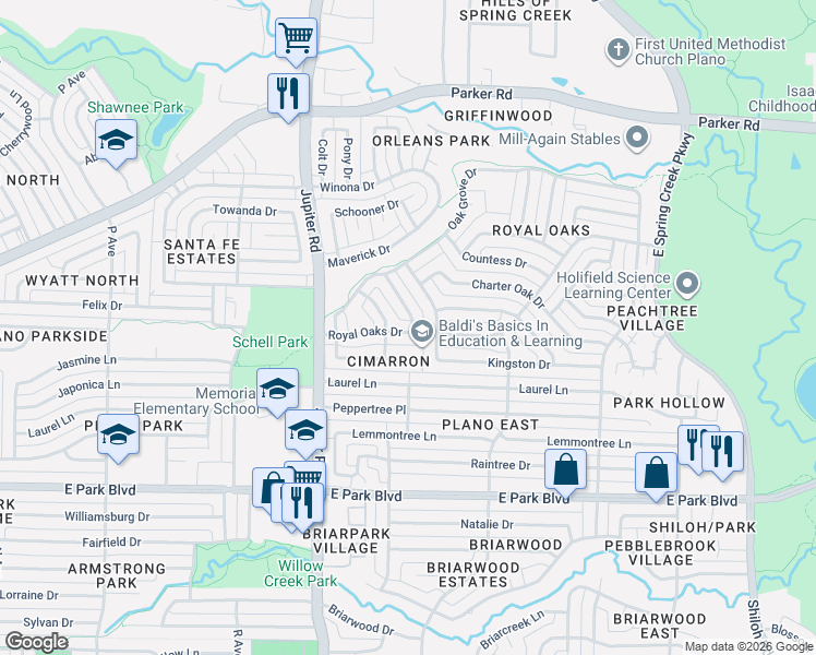 map of restaurants, bars, coffee shops, grocery stores, and more near 2520 Royal Oaks Drive in Plano