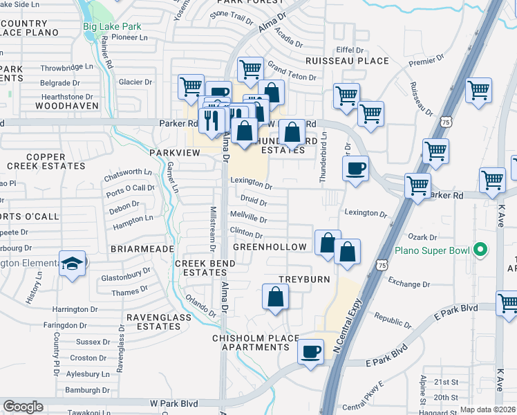 map of restaurants, bars, coffee shops, grocery stores, and more near 925 Mellville Drive in Plano