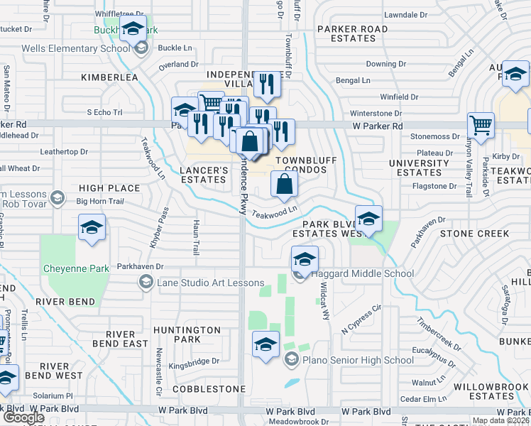 map of restaurants, bars, coffee shops, grocery stores, and more near 2824 Teakwood Lane in Plano