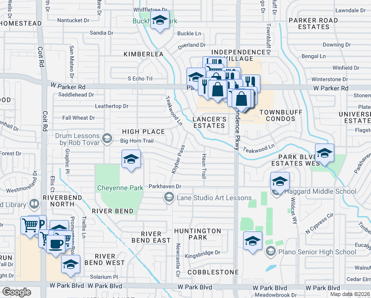 map of restaurants, bars, coffee shops, grocery stores, and more near 3400 Big Horn Trail in Plano