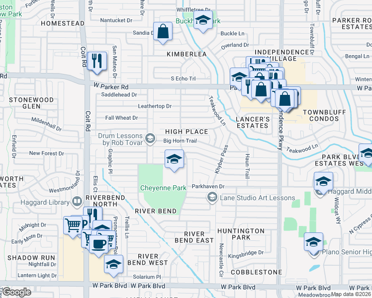 map of restaurants, bars, coffee shops, grocery stores, and more near 3604 Pinehurst Court in Plano