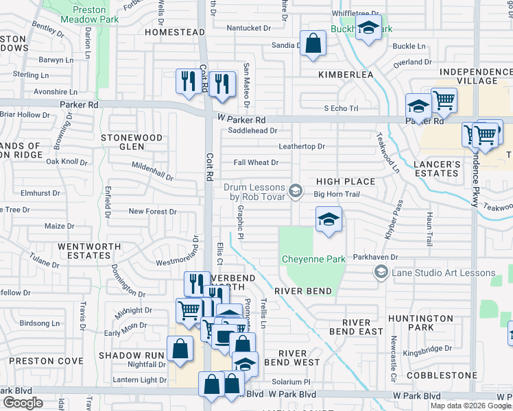 map of restaurants, bars, coffee shops, grocery stores, and more near 3812 Straw Harvest Drive in Plano
