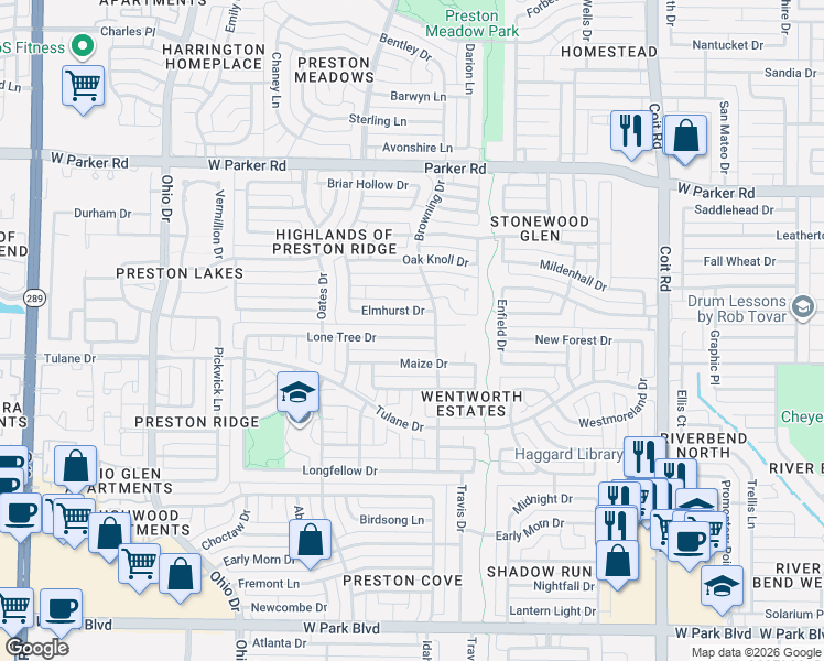 map of restaurants, bars, coffee shops, grocery stores, and more near 4416 Lone Tree Drive in Plano