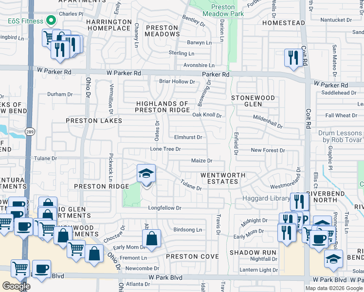 map of restaurants, bars, coffee shops, grocery stores, and more near 4444 Lone Tree Drive in Plano