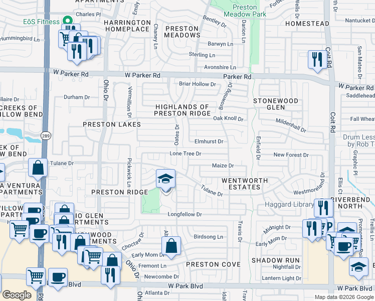 map of restaurants, bars, coffee shops, grocery stores, and more near 2716 Oates Drive in Plano