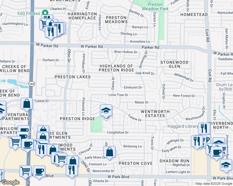 map of restaurants, bars, coffee shops, grocery stores, and more near 2716 Oates Drive in Plano