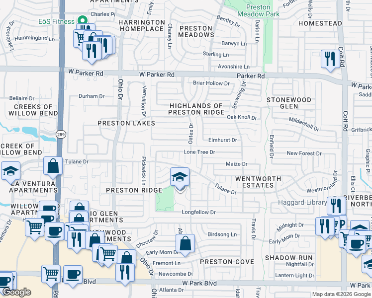 map of restaurants, bars, coffee shops, grocery stores, and more near 2716 Oates Drive in Plano