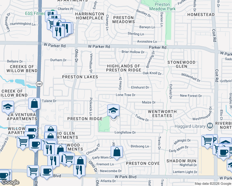 map of restaurants, bars, coffee shops, grocery stores, and more near 2709 Schofield Court in Plano