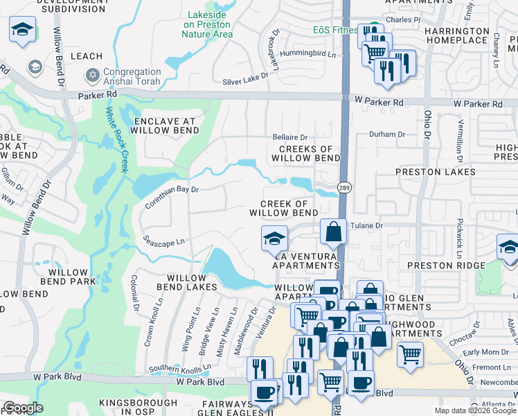 map of restaurants, bars, coffee shops, grocery stores, and more near 5069 Castle Creek Lane in Plano
