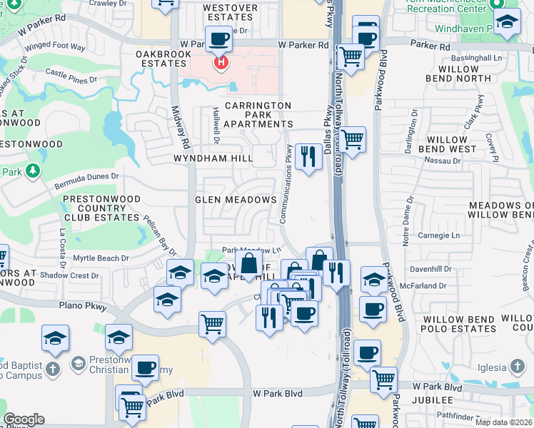 map of restaurants, bars, coffee shops, grocery stores, and more near 2517 Meadow Hills Lane in Plano