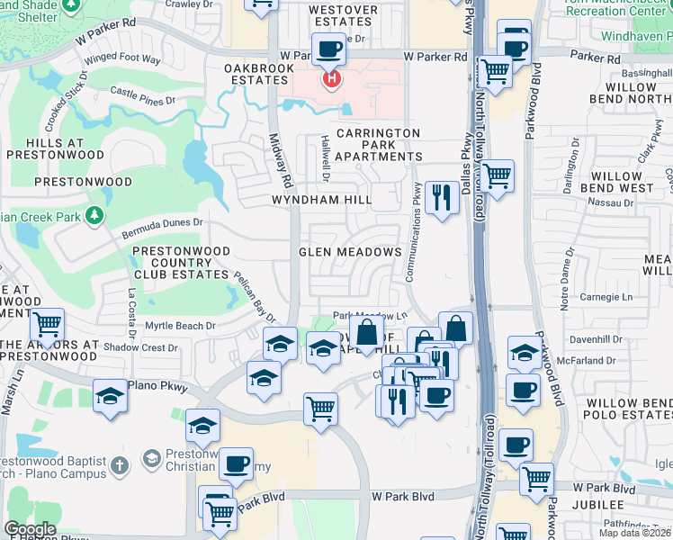 map of restaurants, bars, coffee shops, grocery stores, and more near 6304 Old York Drive in Plano